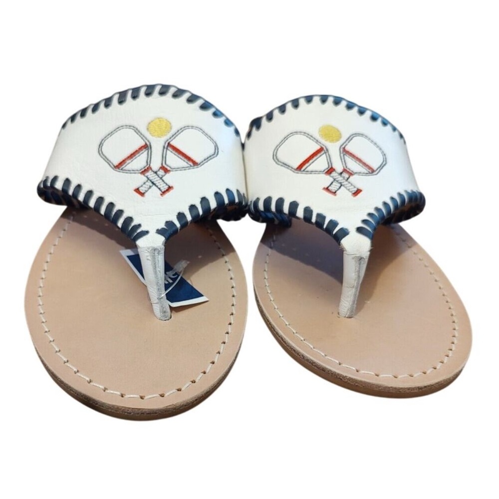 NEW Jack Rogers Thong Flat Sandals Embroidered Leather Pickleball White 8.5 M